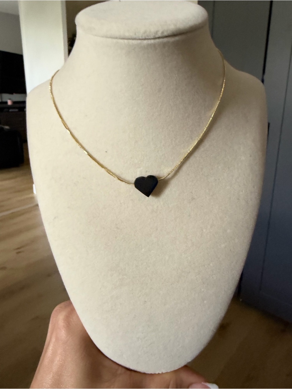 Delicate Gold Chain Necklace with jet-Black Heart Charm